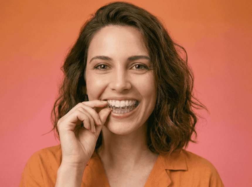 [CRO] Blond - Woman - Hand in Aligner - Winking at the camera - Pink - Light - Background - Desktop